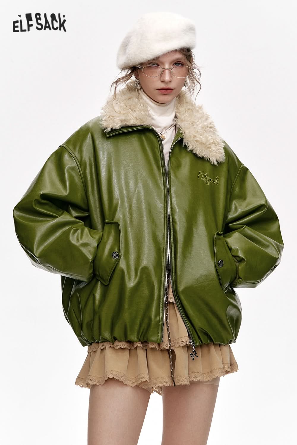 ELFSACK Bowknot Letter Embroidery Faux Plush Lapel PU Jacket