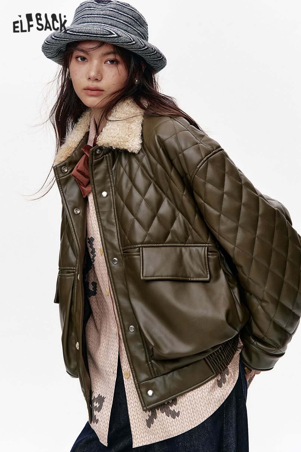 【3/14まで】44%off ELFSACK-jacket ELFSACK Reversible plaid short down jacket Short warm thick