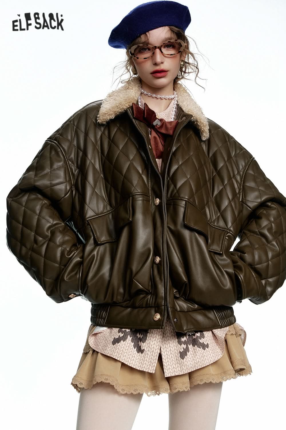 ELFSACK Diamond checkered imitation plush lapel short PU jacket