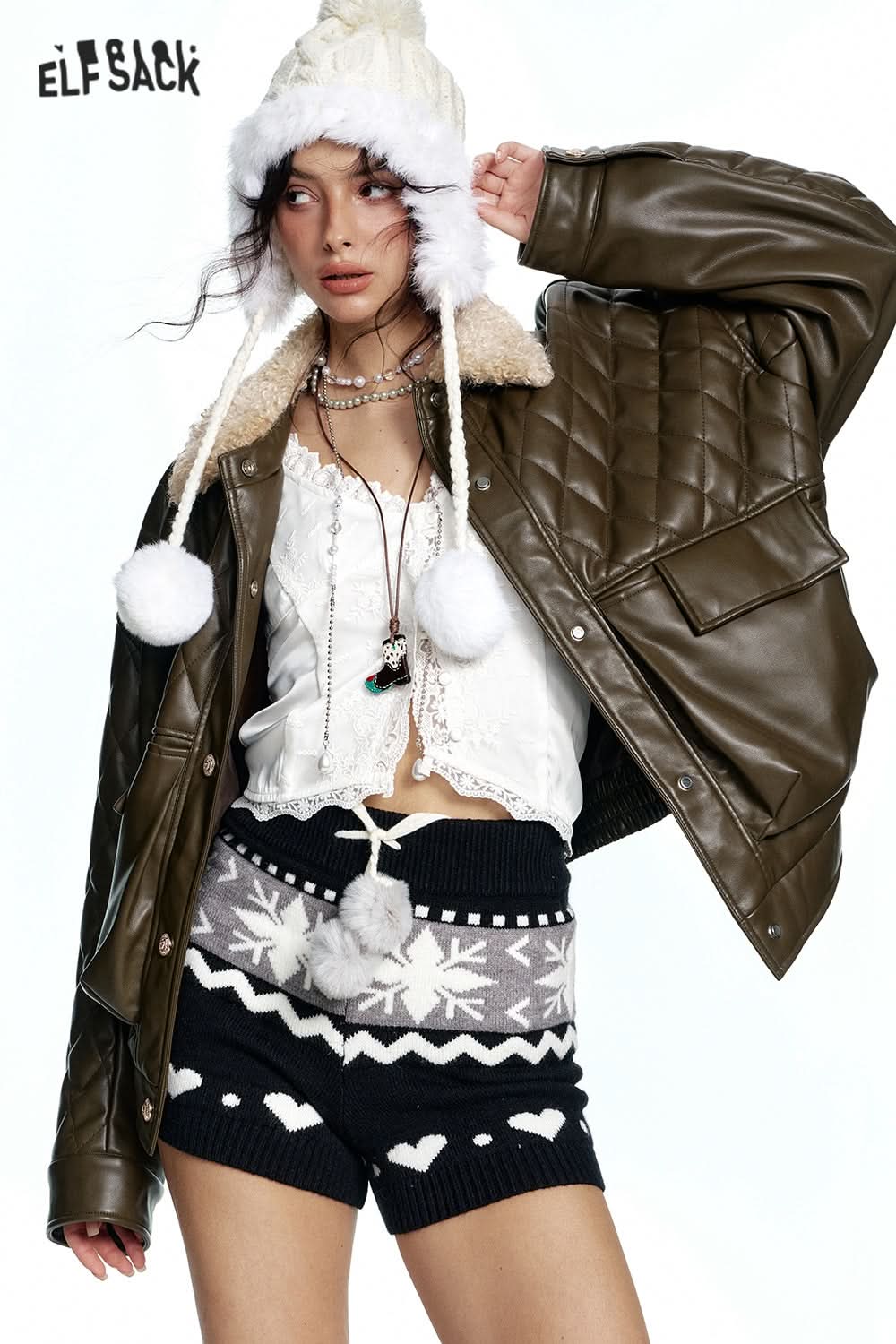 ELFSACK Diamond checkered imitation plush lapel short PU jacket