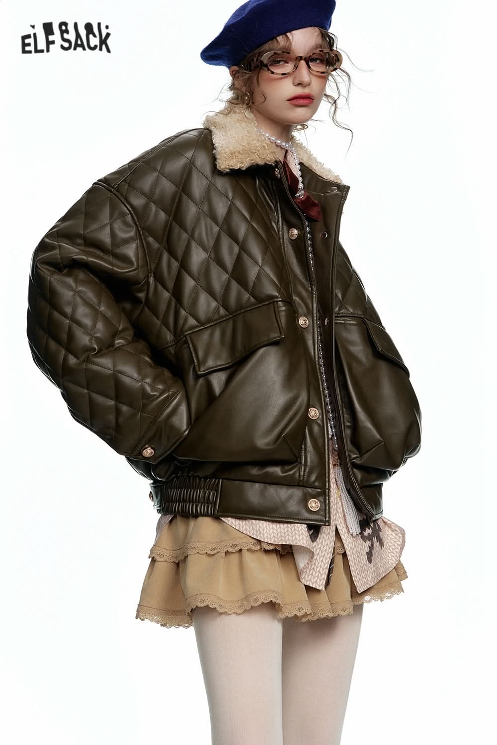 ELFSACK Diamond checkered imitation plush lapel short PU jacket