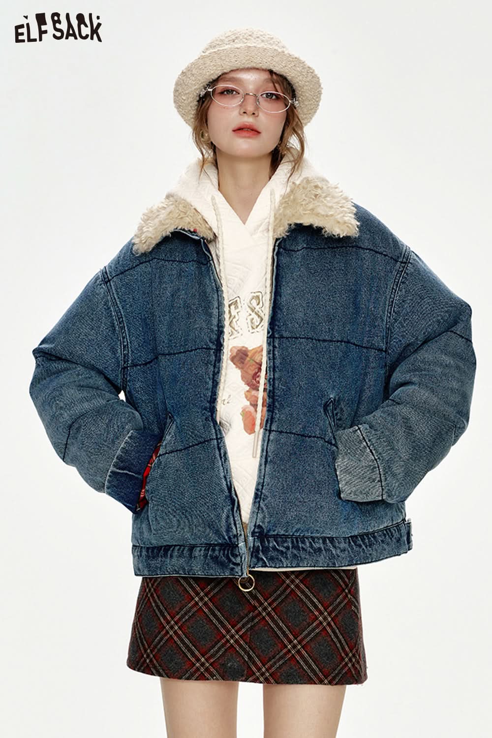 ELFSACK Retro Fake Fur Collar Denim Blue Thickened Short Jacket Women
