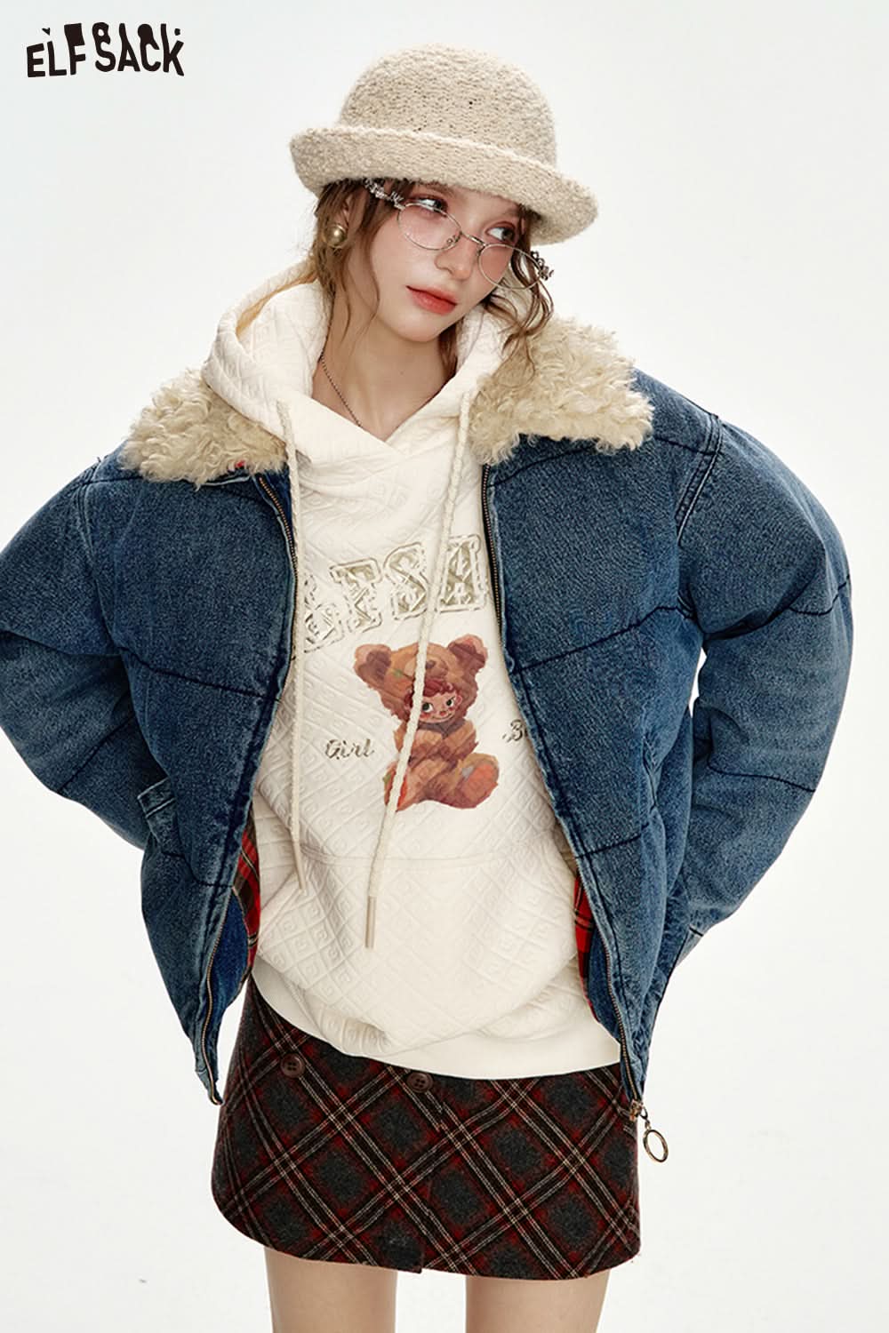 ELFSACK Retro Fake Fur Collar Denim Blue Thickened Short Jacket Women