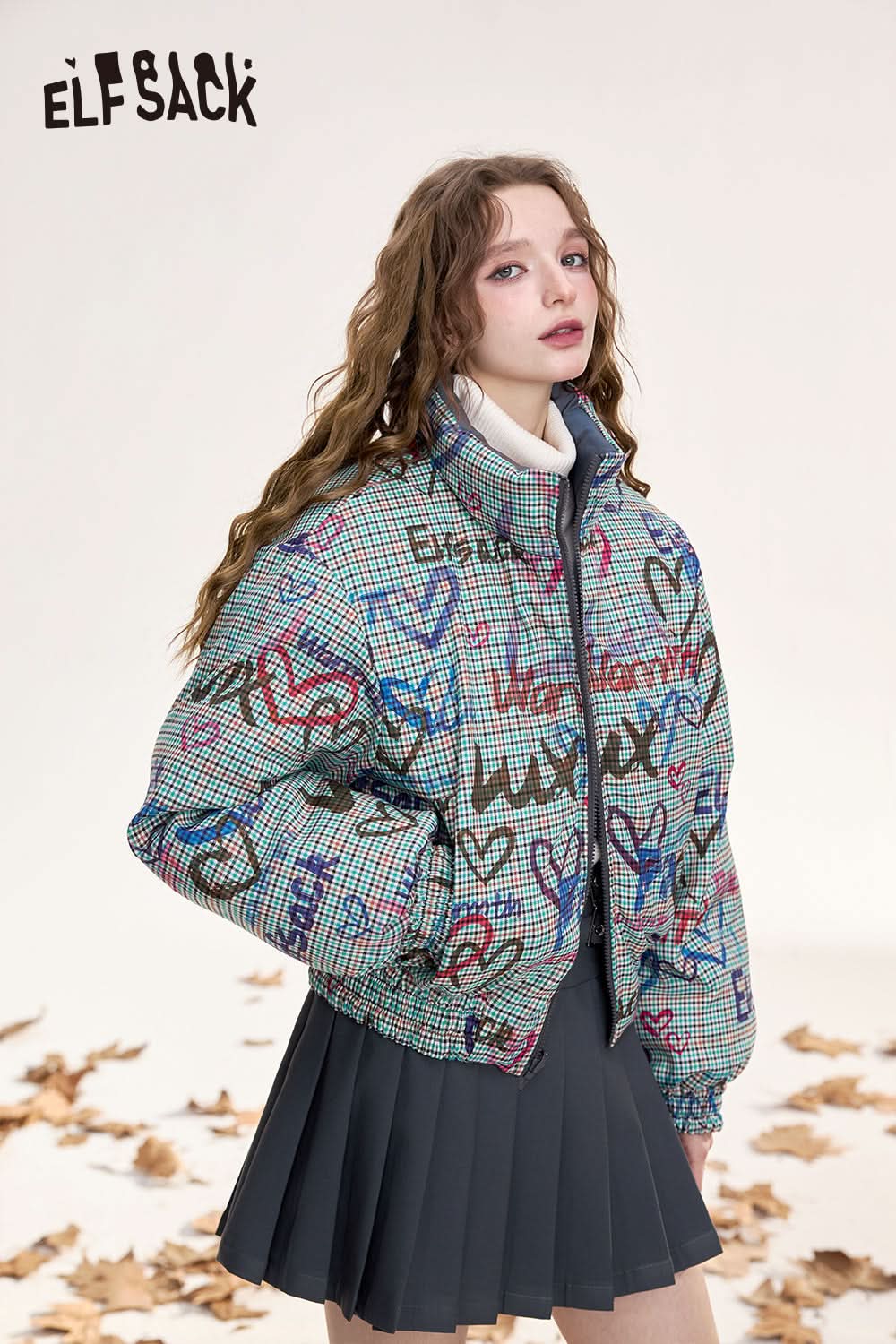ELFSACK Reversible plaid short down jacket Short warm thick coat with stand collar and zipper