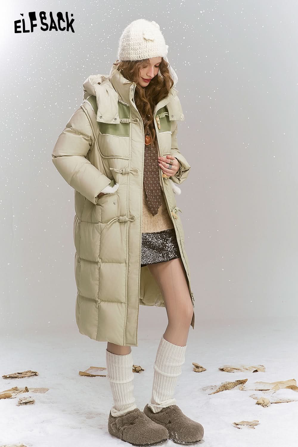 ELFSACK Loose retro print medium long hooded warm down jacket