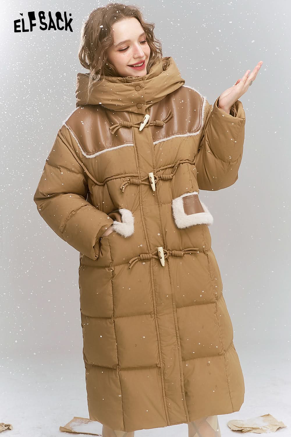 ELFSACK Loose retro print medium long hooded warm down jacket