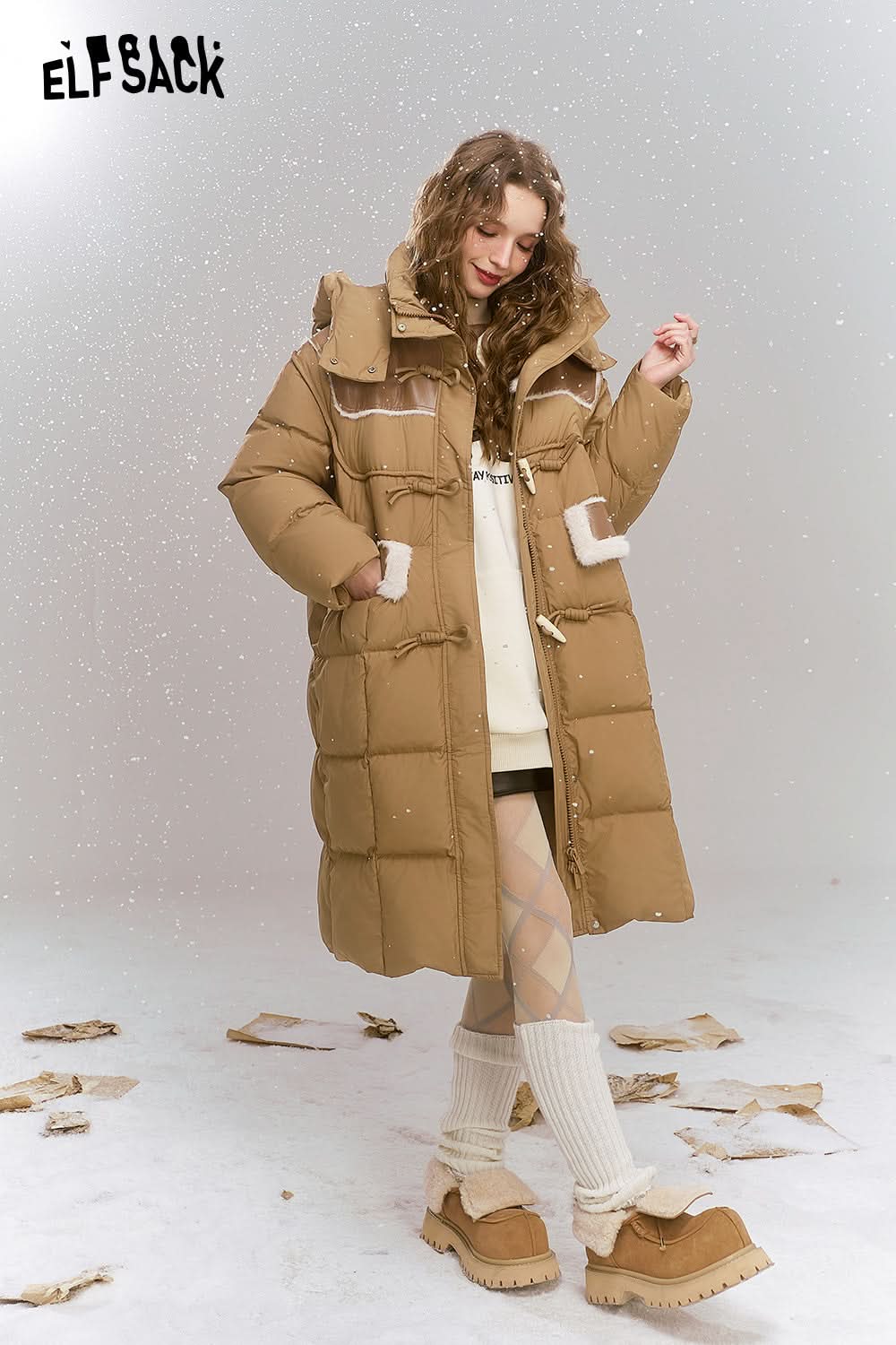 ELFSACK Loose retro print medium long hooded warm down jacket