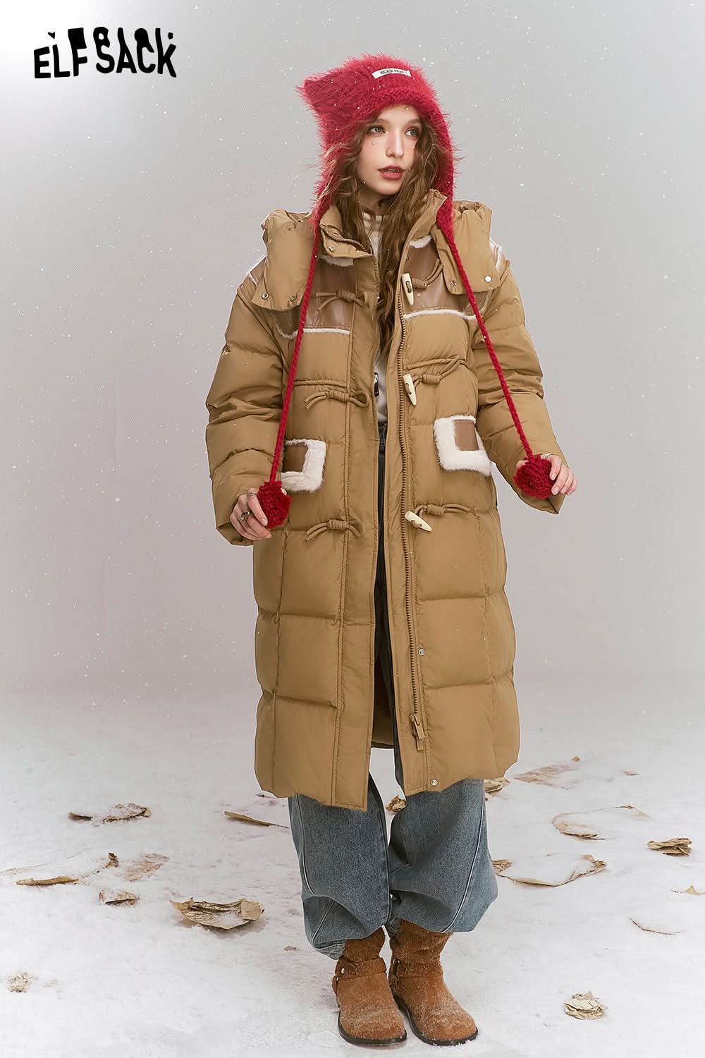 ELFSACK Loose retro print medium long hooded warm down jacket