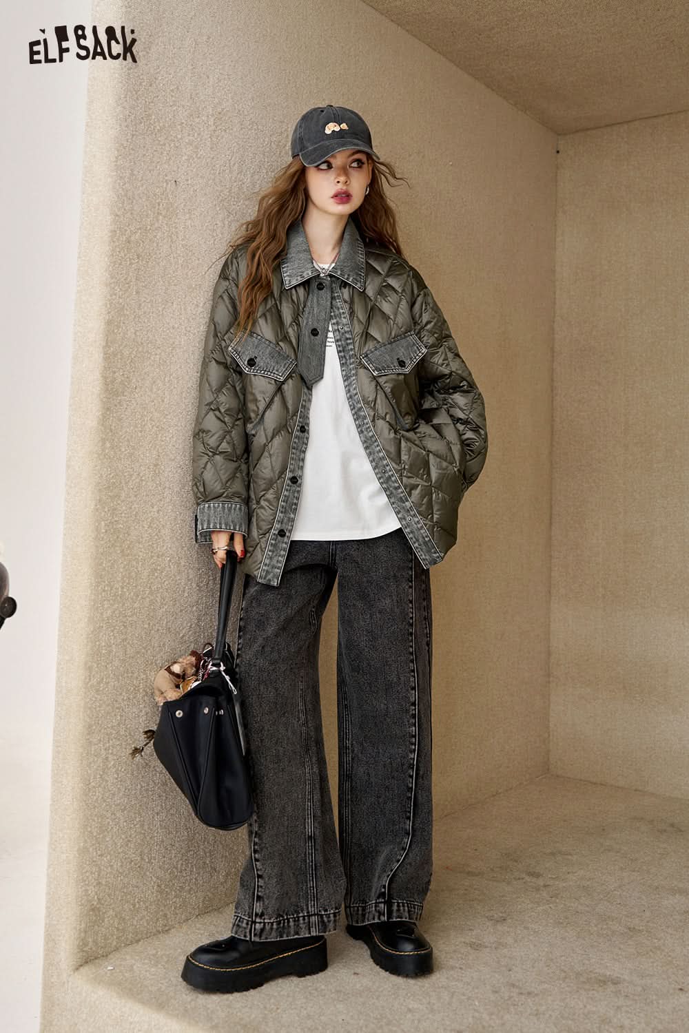 ELFSACK Diamond patterned shirt spliced down jacket, lightweight and warm windproof jacket