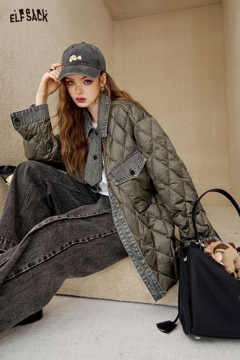 ELFSACK Diamond patterned shirt spliced down jacket, lightweight and warm windproof jacket