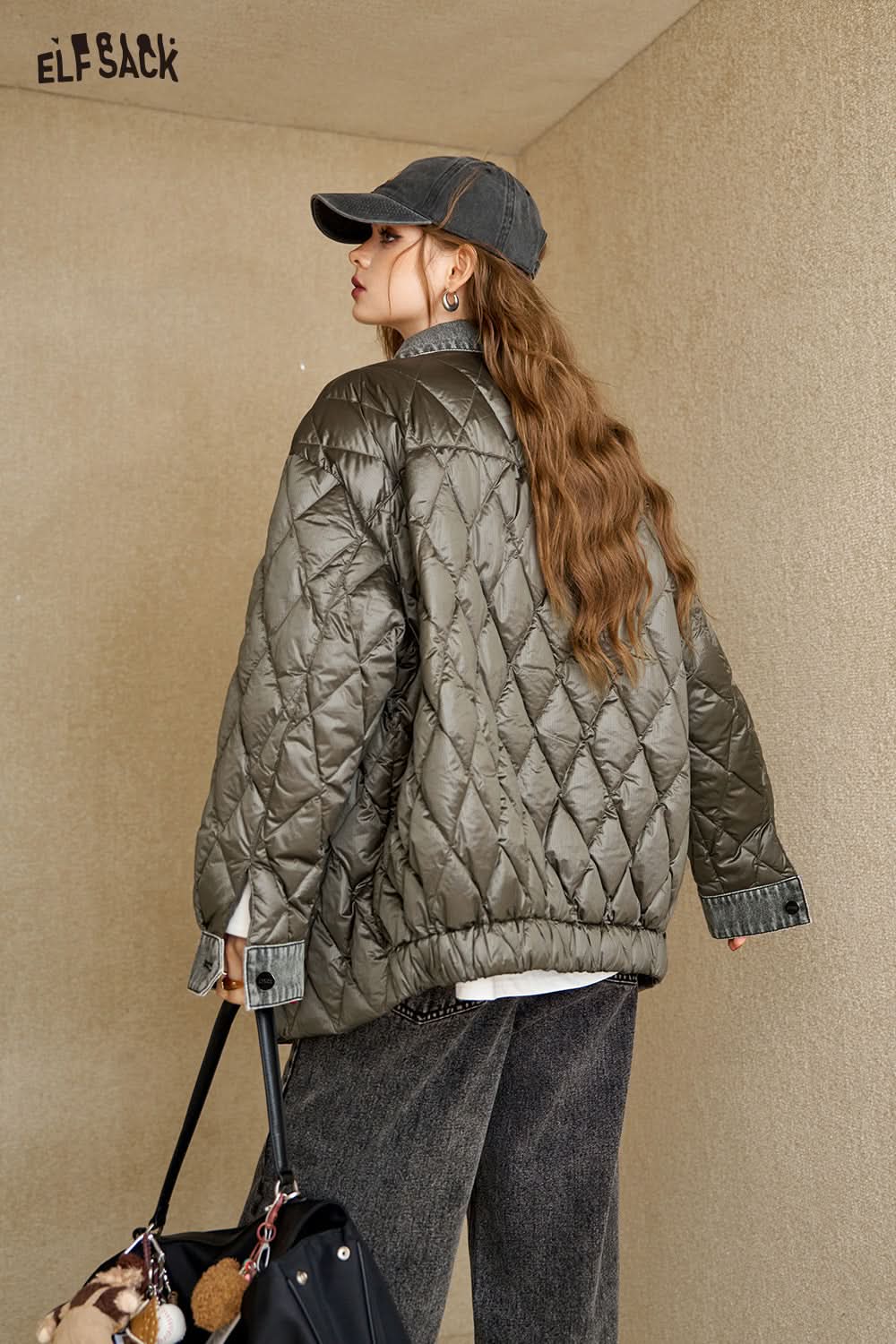 ELFSACK Diamond patterned shirt spliced down jacket, lightweight and warm windproof jacket