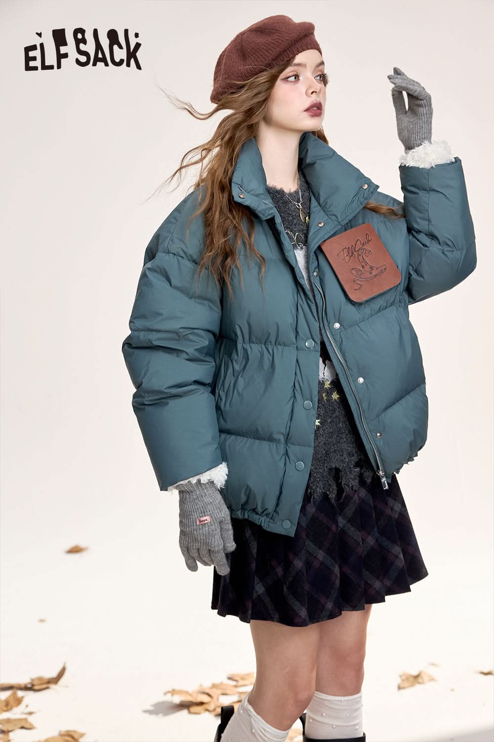 ELFSACK Retro casual stand collar warm thick down jacket