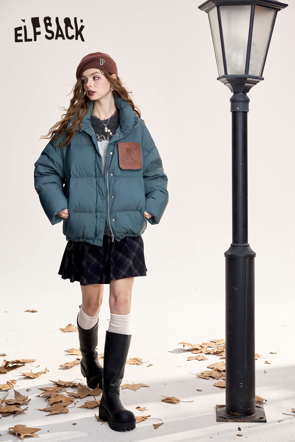 ELFSACK Retro casual stand collar warm thick down jacket