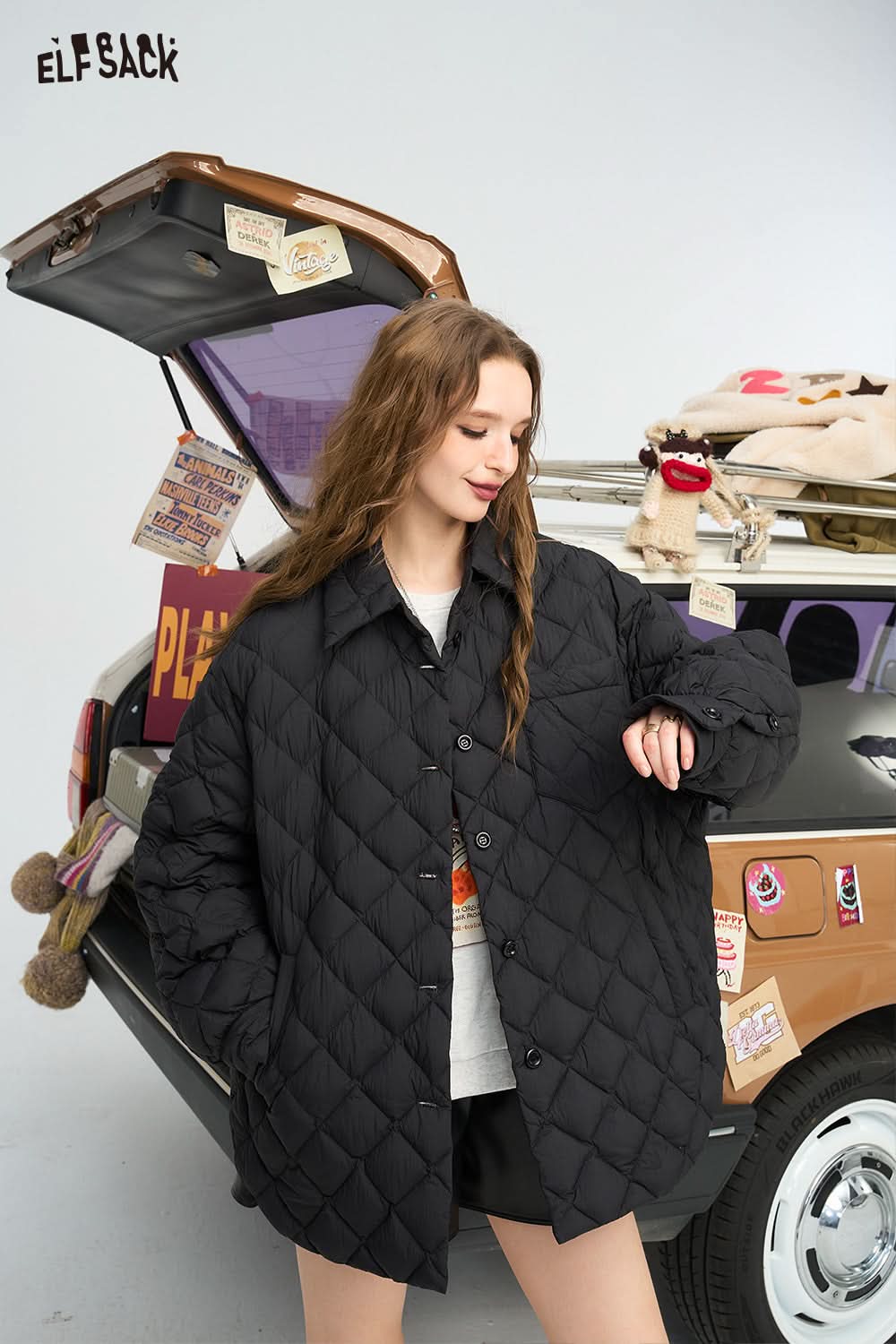 ELFSACK Black diamond grid shirt style down jacket