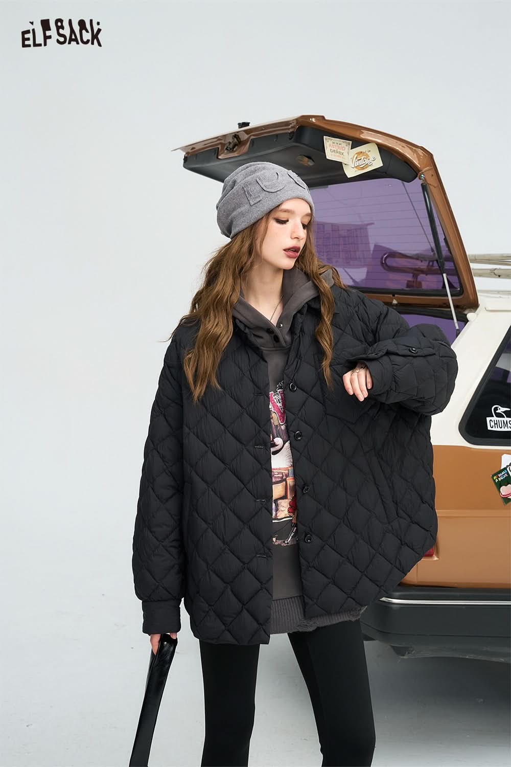 ELFSACK Black diamond grid shirt style down jacket