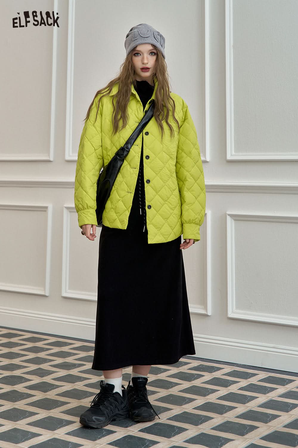 ELFSACK Black diamond grid shirt style down jacket