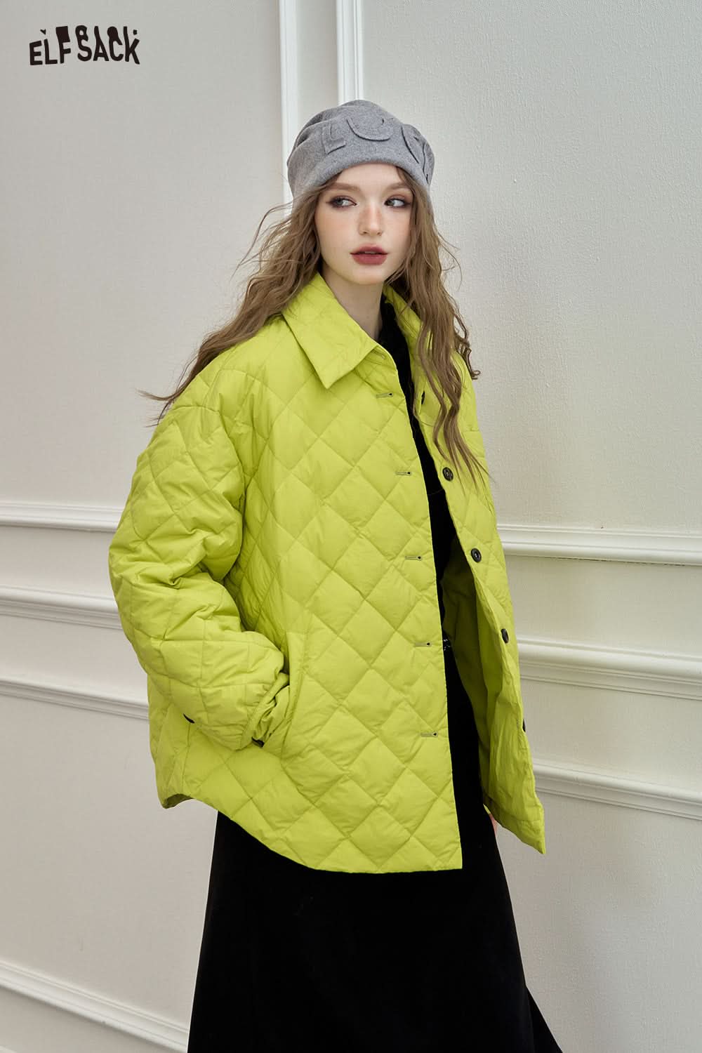 ELFSACK Black diamond grid shirt style down jacket