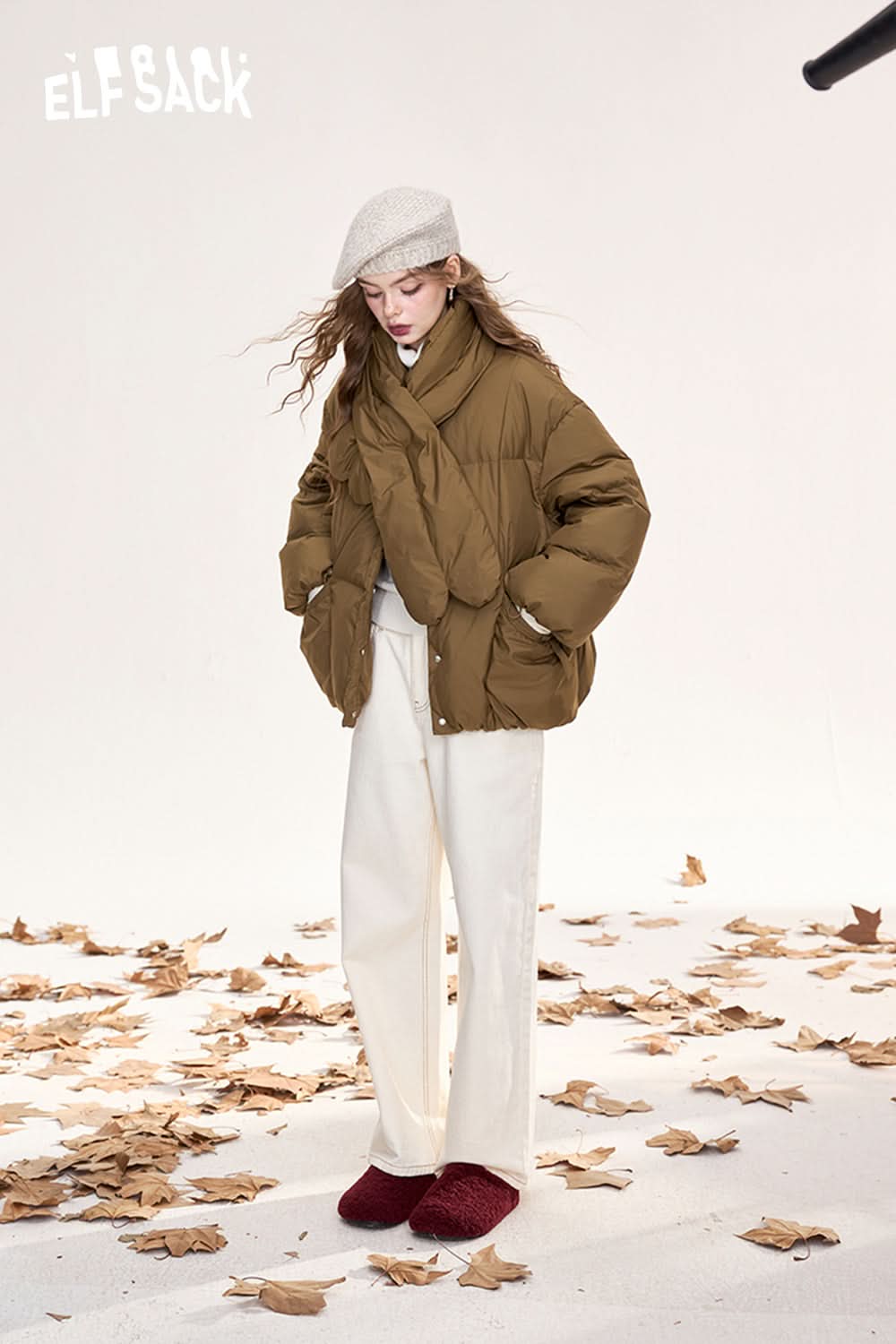(Including scarf)ELFSACK Retro simple down jacket round neck single breasted warm coat