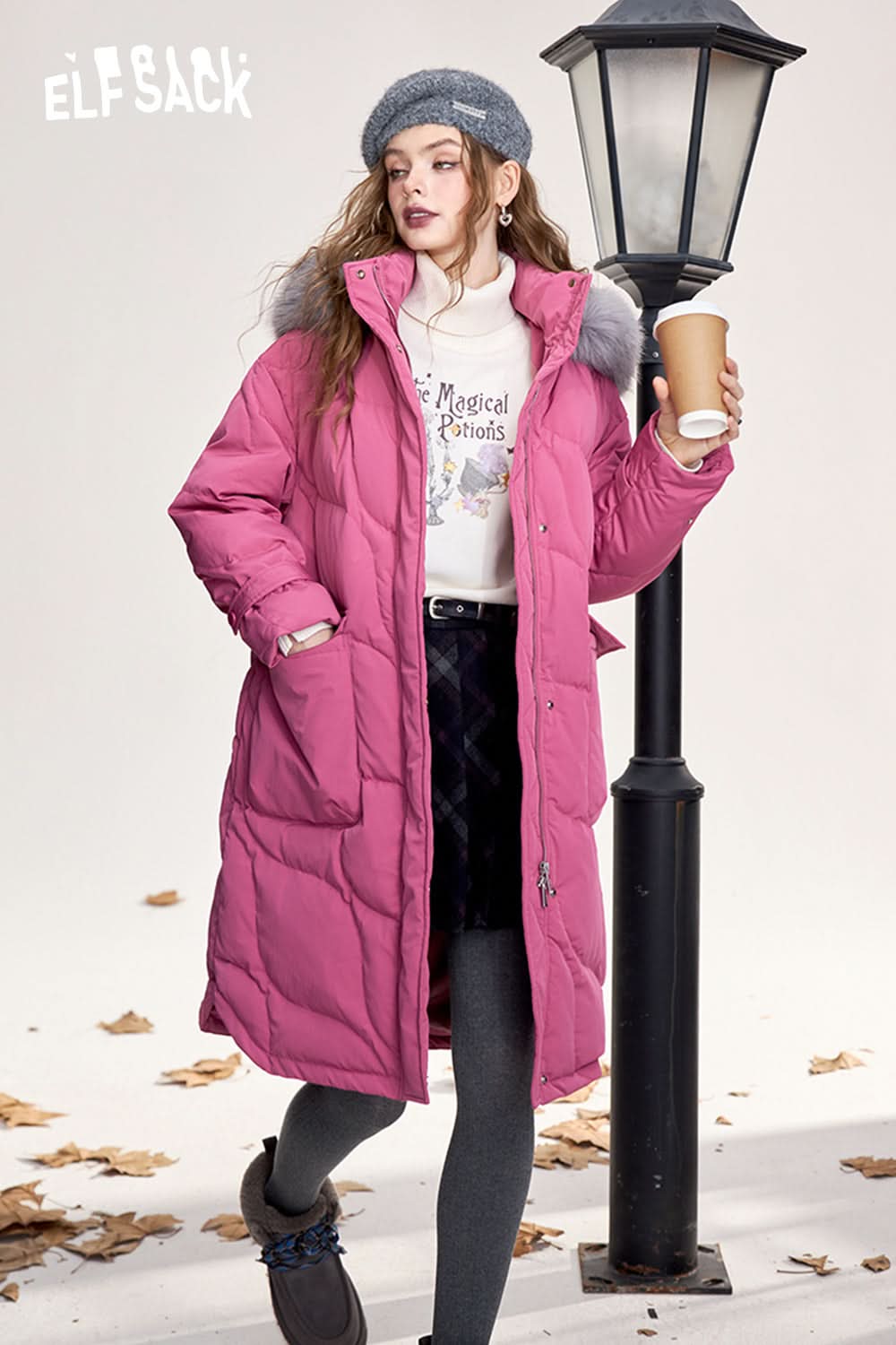 ELFSACK Fashionable hooded mid-length rose red down jacket with fur collar loose warm coat