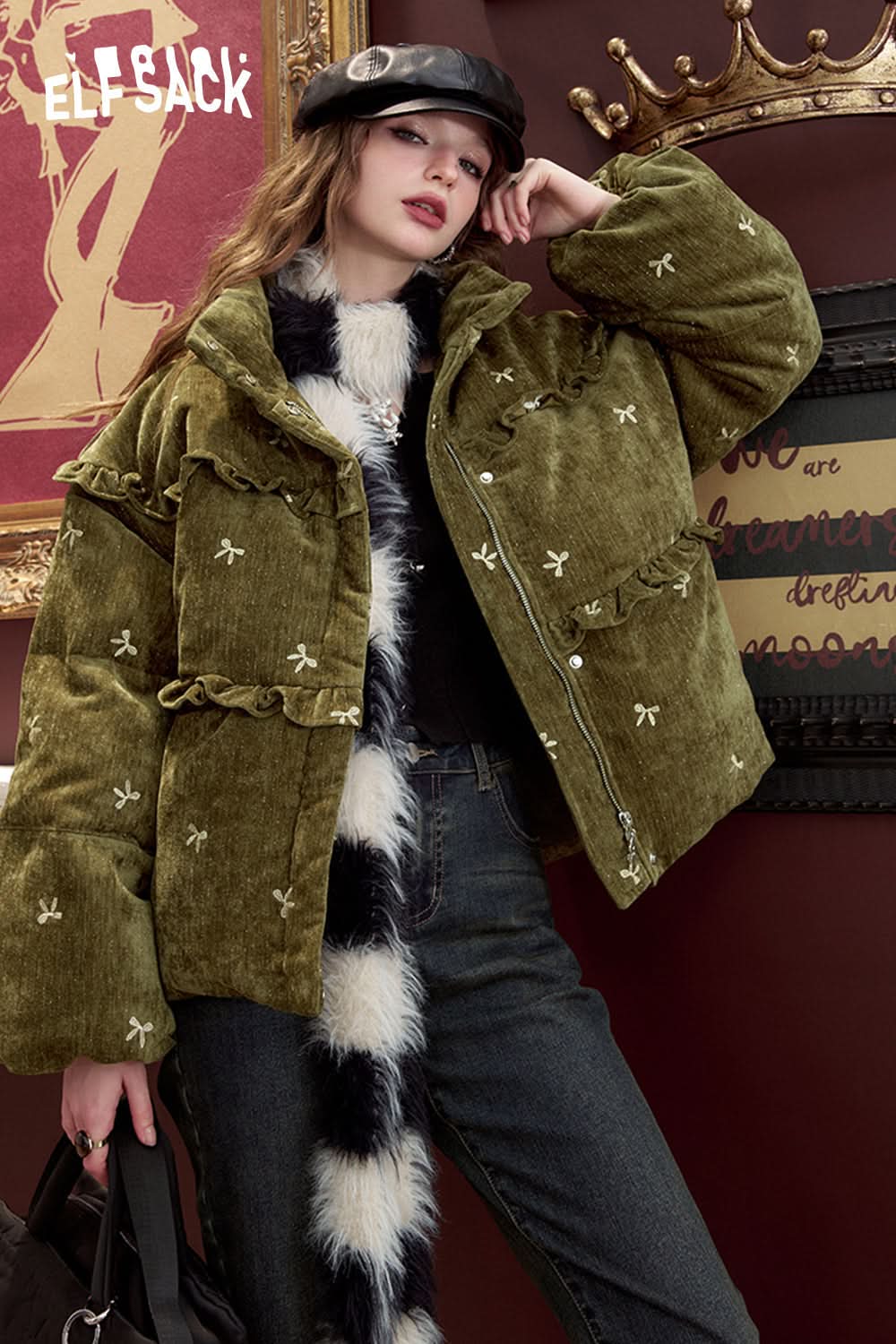 ELFSACK Bow embroidery down jacket, sweet and cute warm velvet cloth thick warm coat