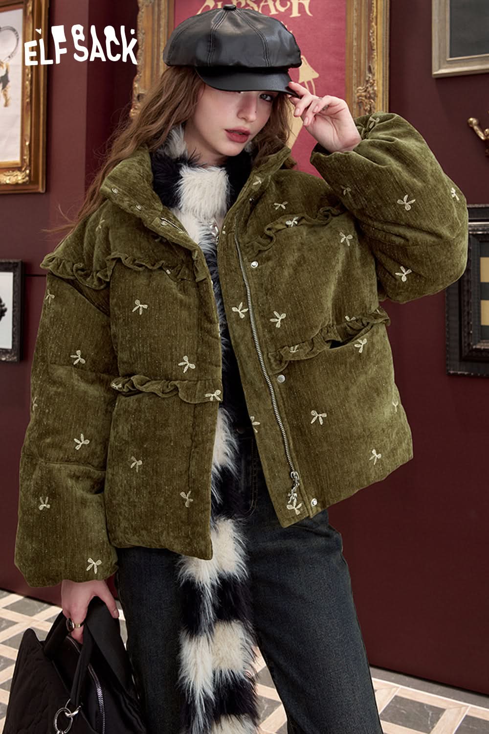 ELFSACK Bow embroidery down jacket, sweet and cute warm velvet cloth thick warm coat