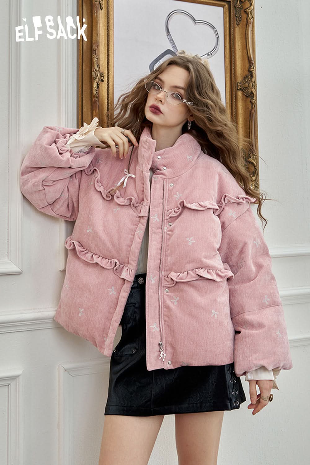 ELFSACK Bow embroidery down jacket, sweet and cute warm velvet cloth thick warm coat