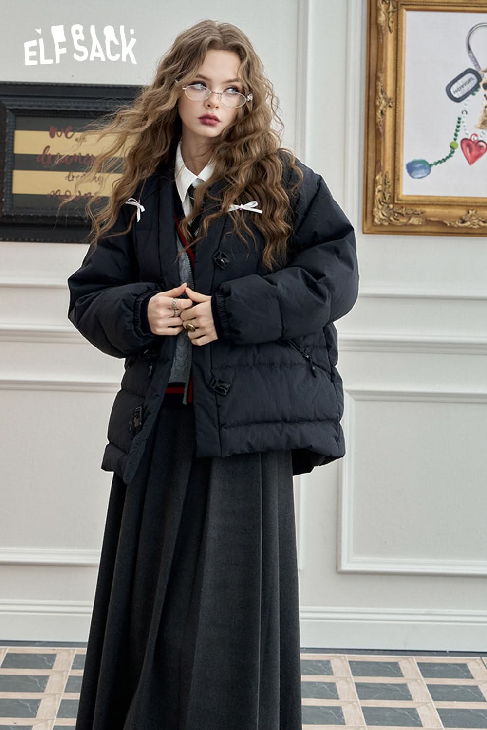 ELFSACK Neo-Chinese style v-neck silhouette down jacket glitter jacquard fabric short warm coat