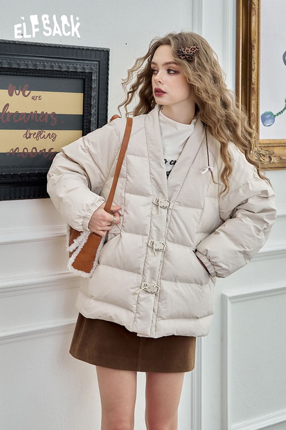 ELFSACK Neo-Chinese style v-neck silhouette down jacket glitter jacquard fabric short warm coat
