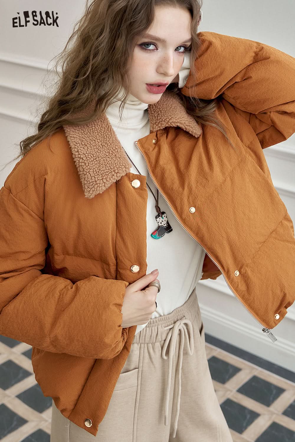 ELFSACK Mao collar splicing casual versatile short down jacket