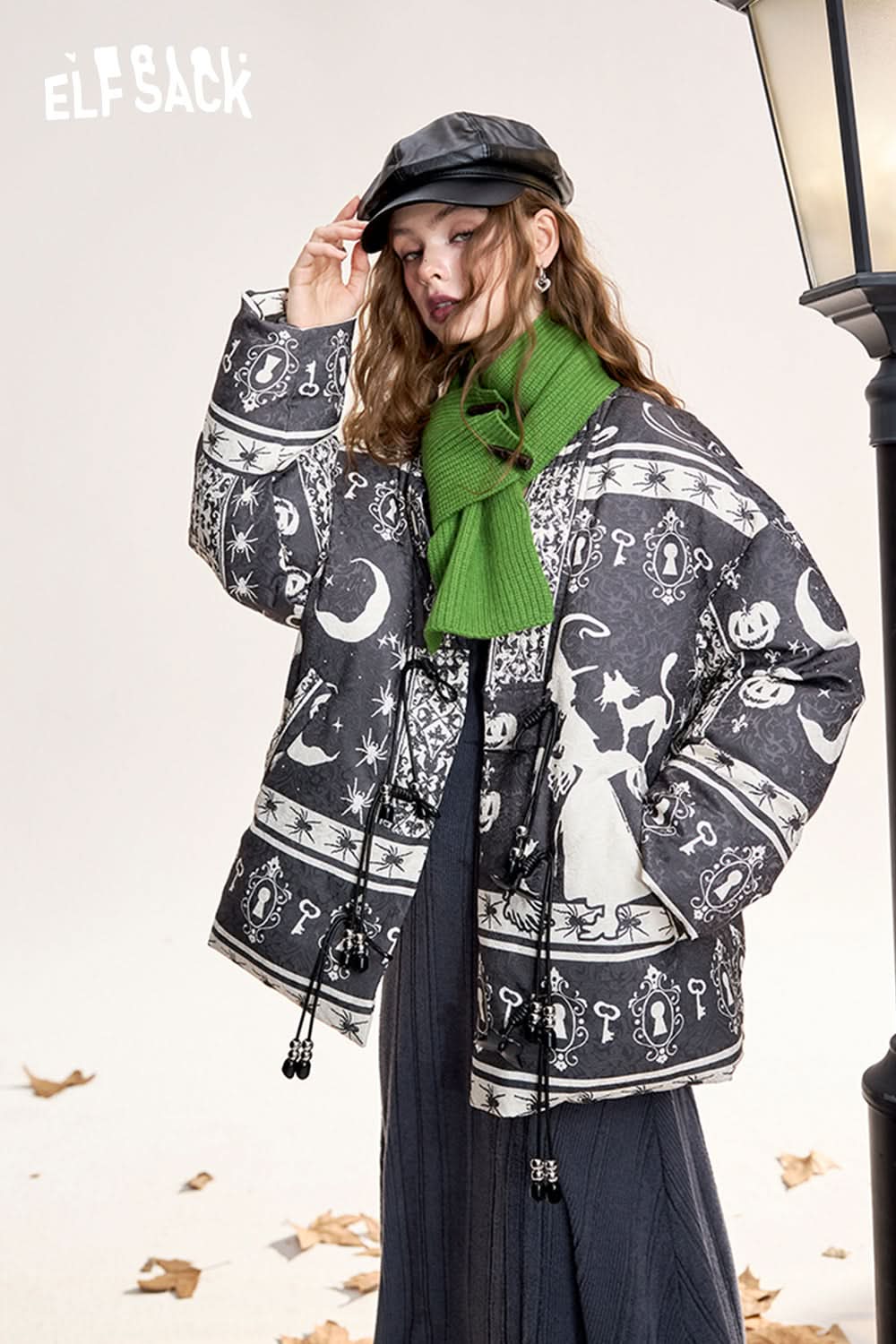ELFSACK Neo-Chinese style original jacquard full print V-neck thickened jacket with button loops