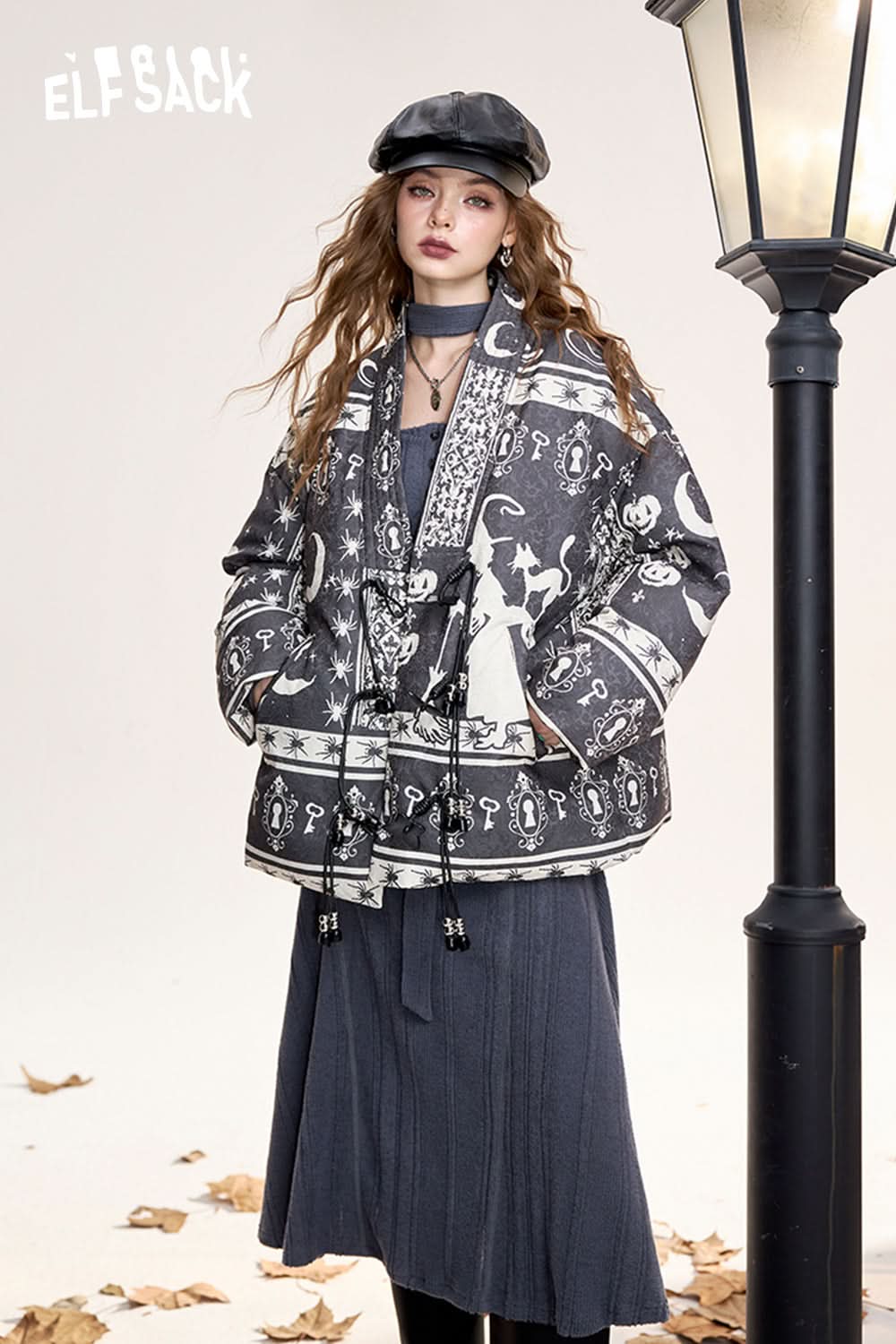ELFSACK Neo-Chinese style original jacquard full print V-neck thickened jacket with button loops