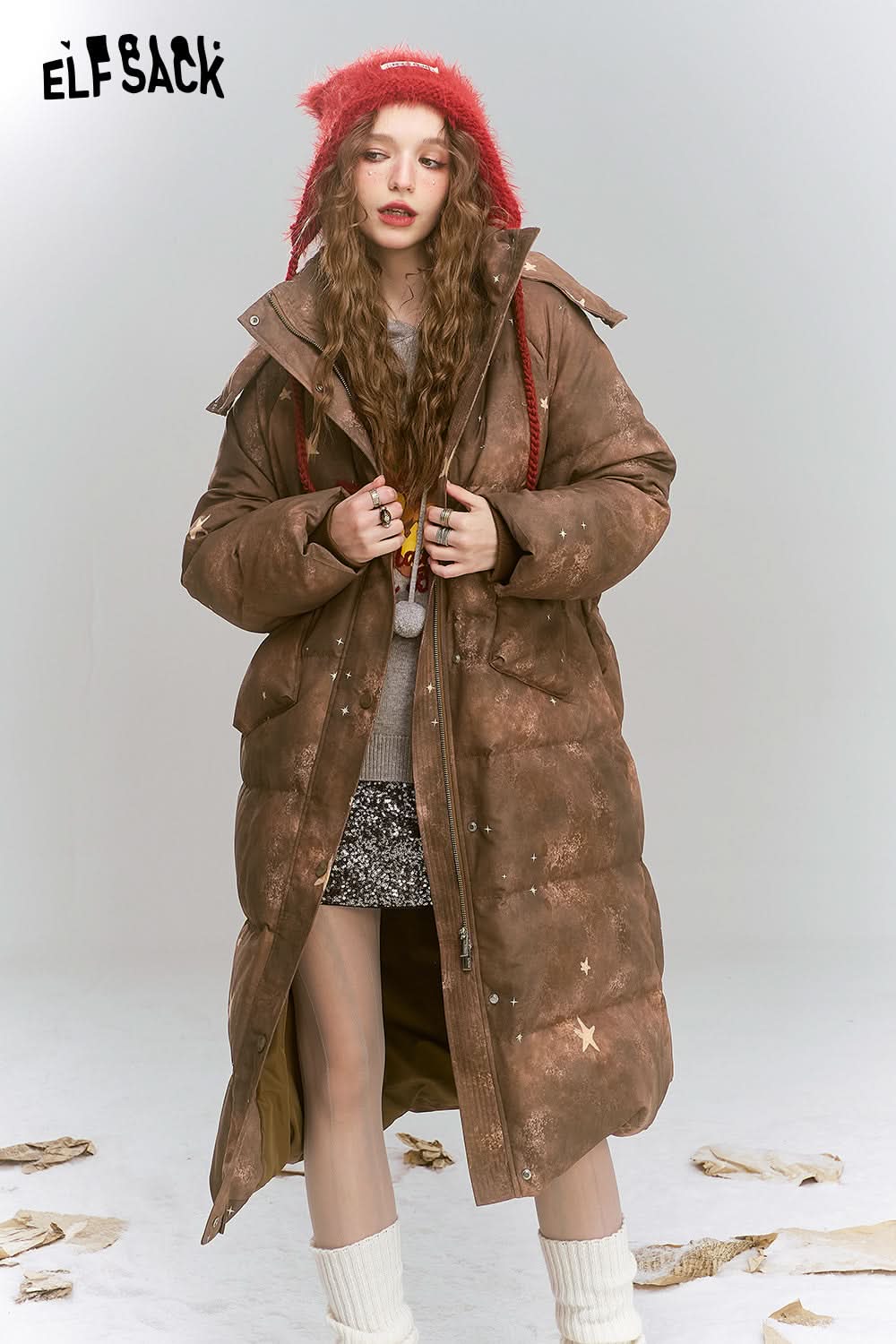 ELFSACK Maillard retro printed long hooded warm down jacket