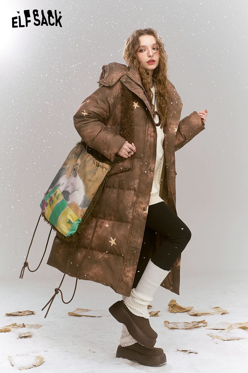 ELFSACK Maillard retro printed long hooded warm down jacket