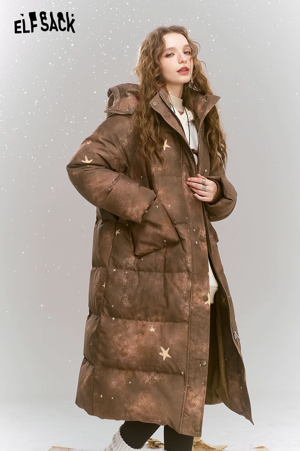 ELFSACK Maillard retro printed long hooded warm down jacket