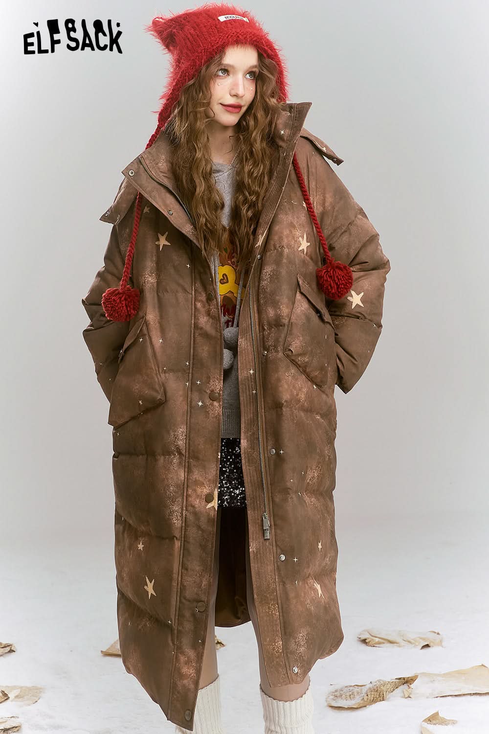 ELFSACK Maillard retro printed long hooded warm down jacket