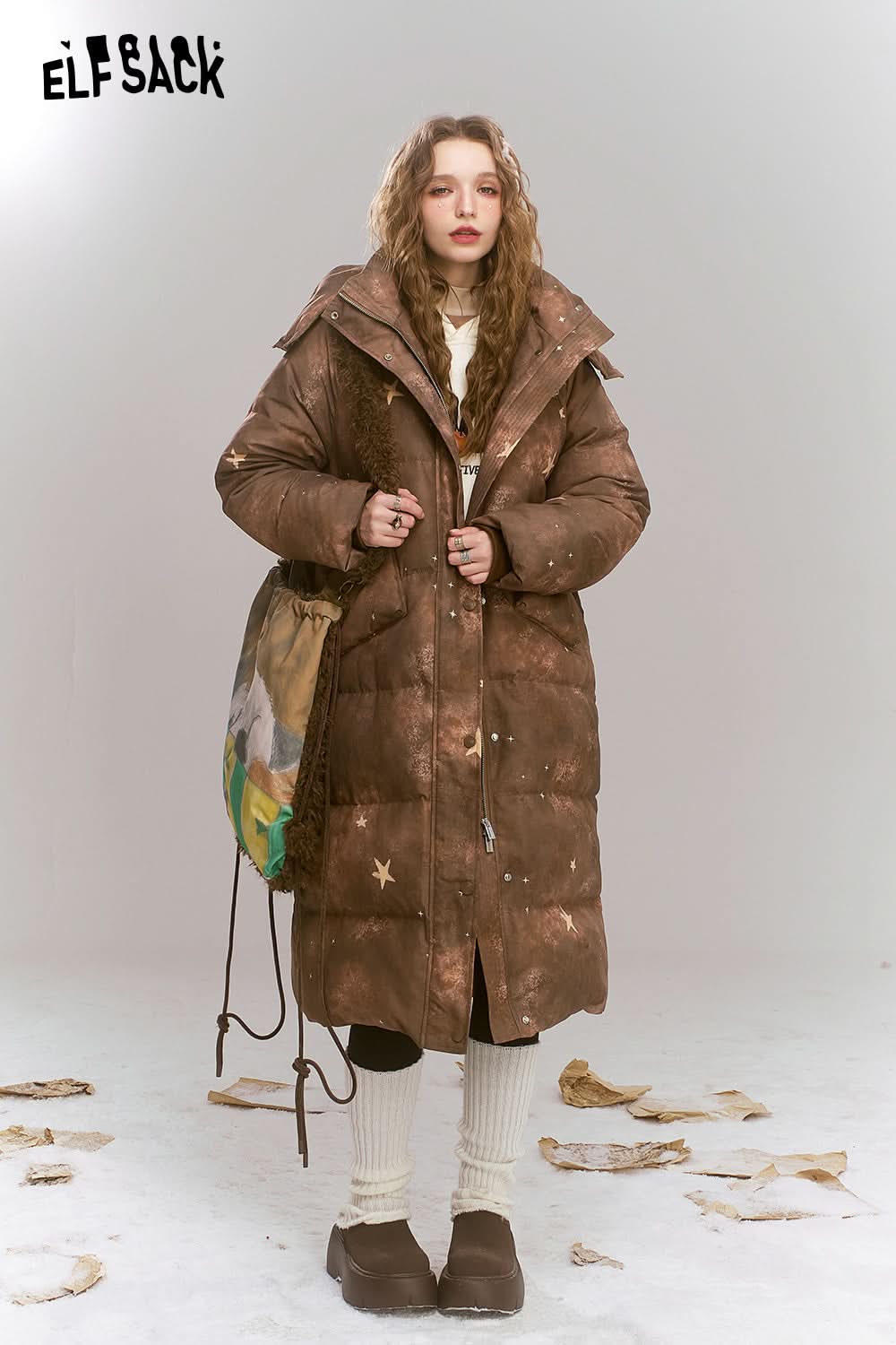 ELFSACK Maillard retro printed long hooded warm down jacket
