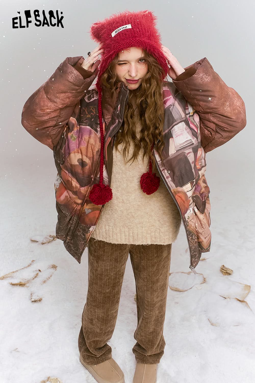 ELFSACK Maillard retro printed short standing collar warm down jacket