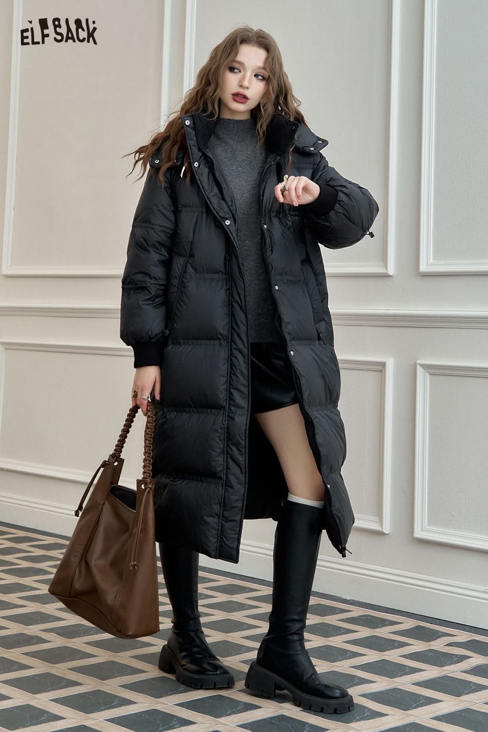 ELFSACK 90% White Duck Down Long Hooded Puffer Coat Loose Fit
