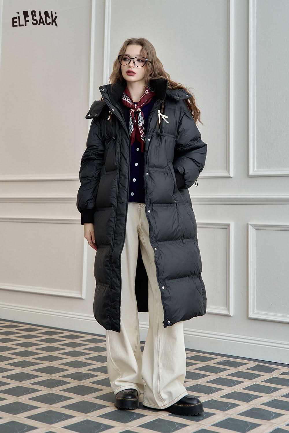 ELFSACK 90% White Duck Down Long Hooded Puffer Coat Loose Fit