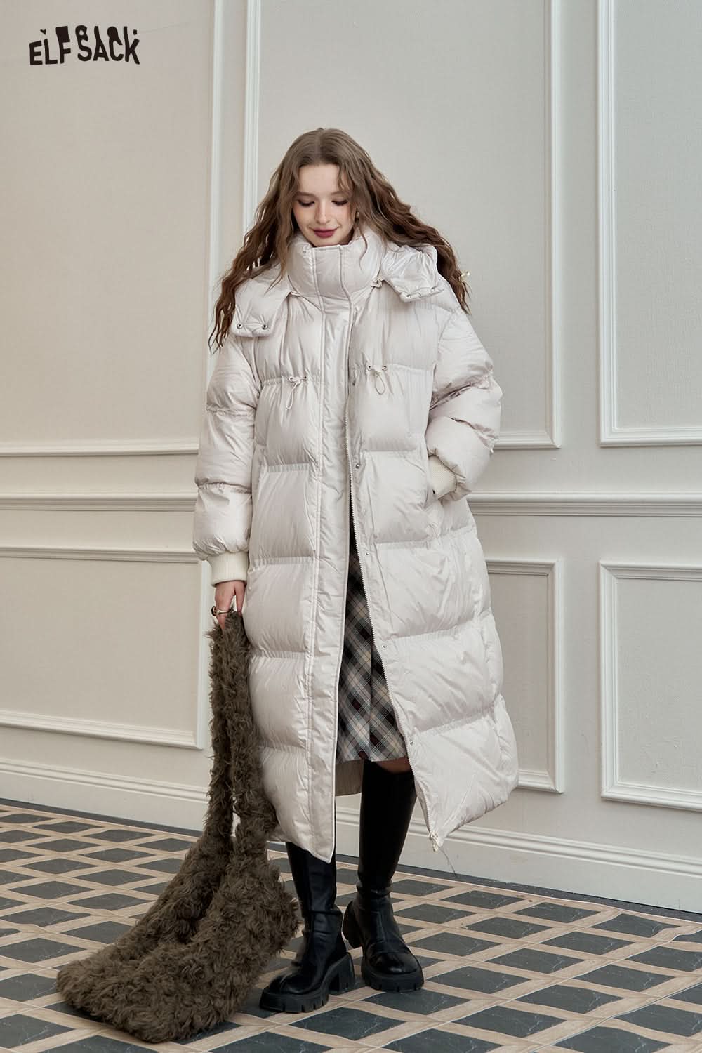 ELFSACK 90% White Duck Down Long Hooded Puffer Coat Loose Fit