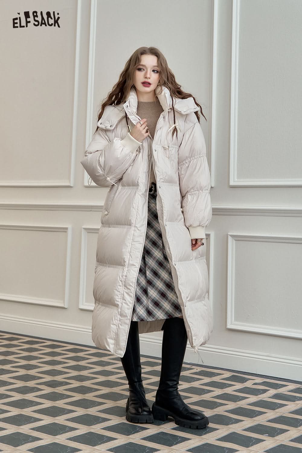ELFSACK 90% White Duck Down Long Hooded Puffer Coat Loose Fit