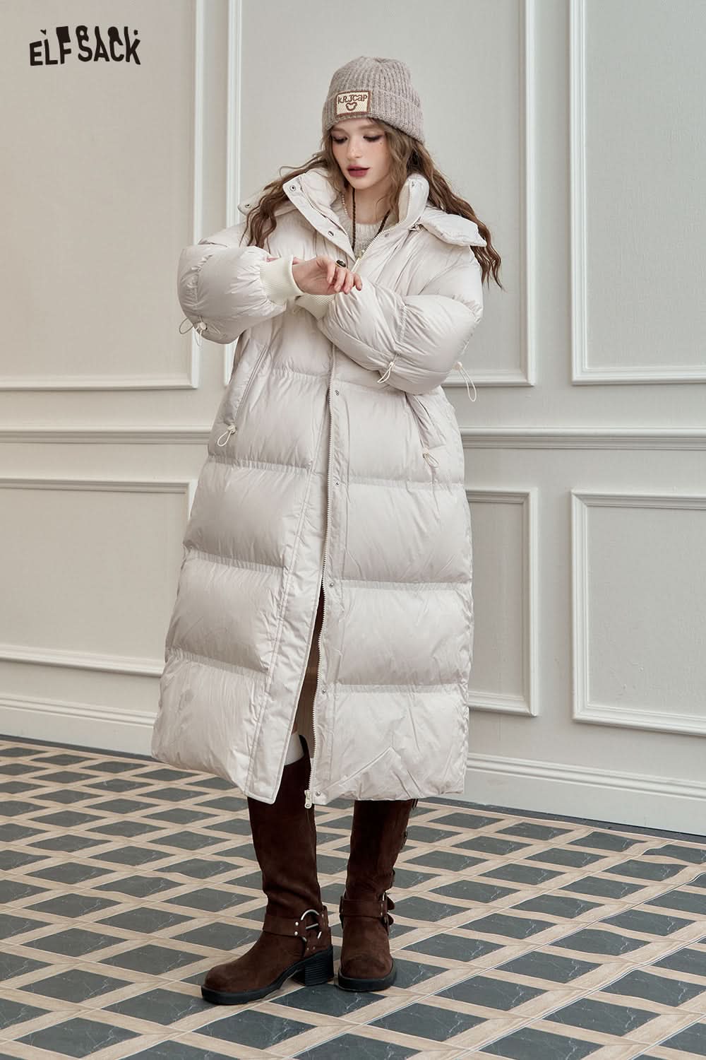 ELFSACK 90% White Duck Down Long Hooded Puffer Coat Loose Fit