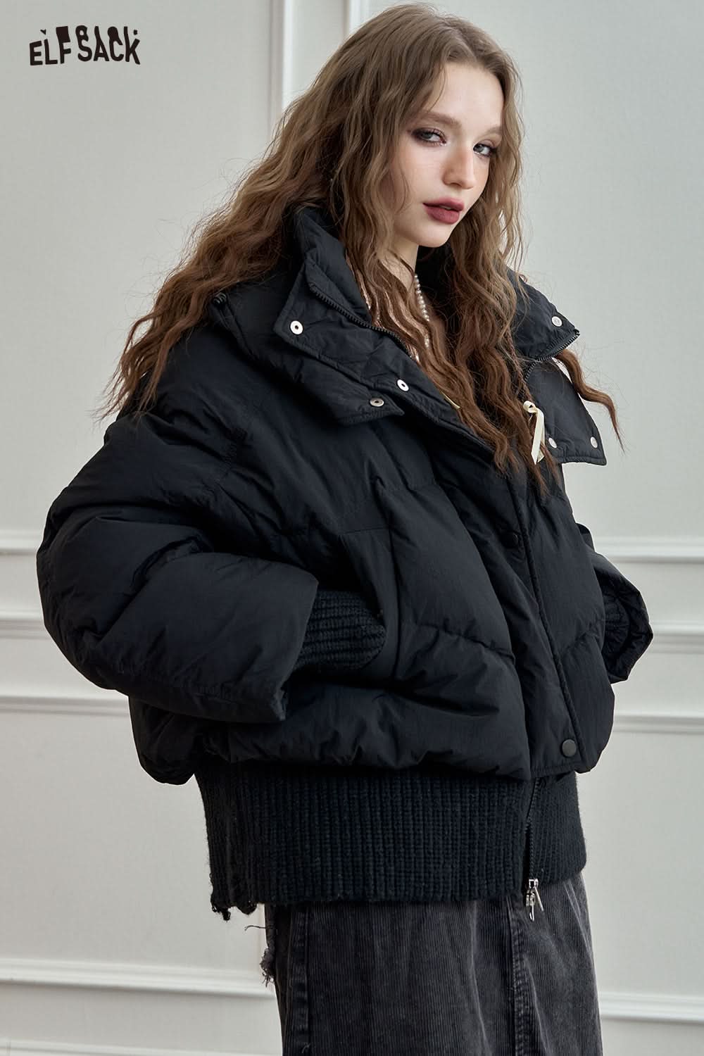 ELFSACK Knit Spliced Hooded Down Jacket Short Puffer Coat for Petite Figures