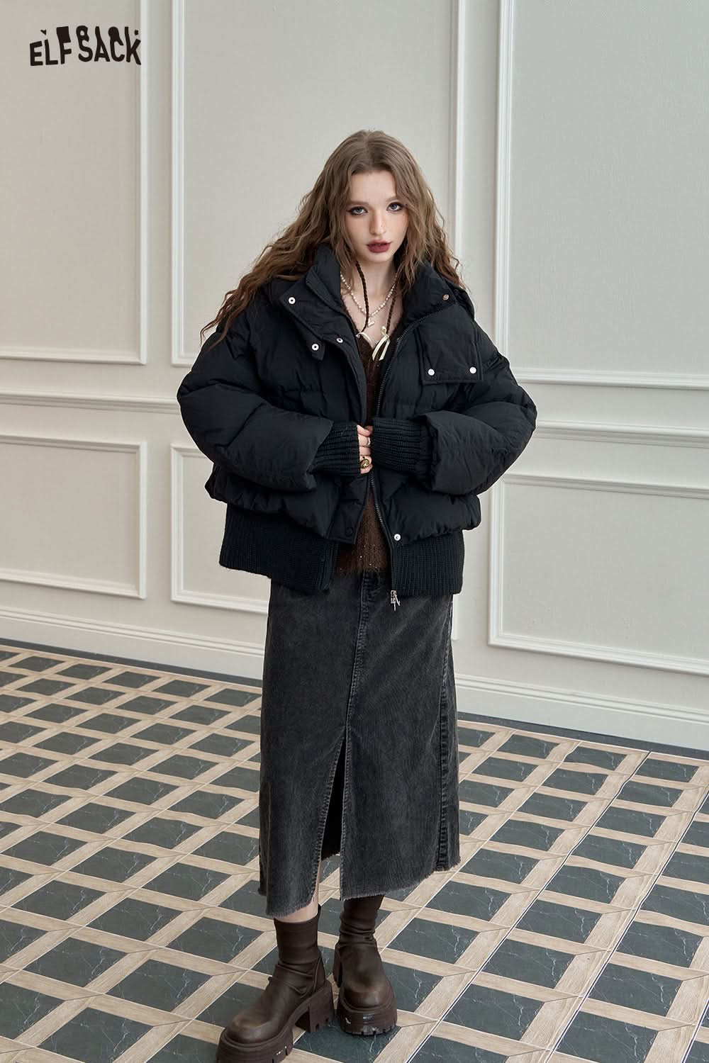 ELFSACK Knit Spliced Hooded Down Jacket Short Puffer Coat for Petite Figures