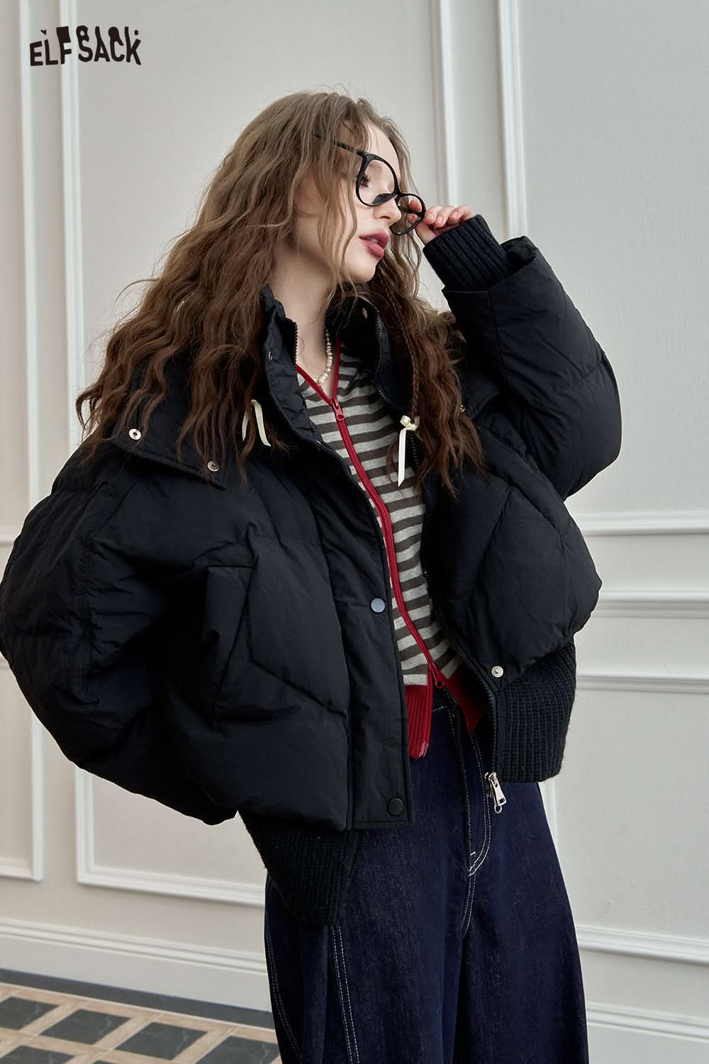 ELFSACK Knit Spliced Hooded Down Jacket Short Puffer Coat for Petite Figures