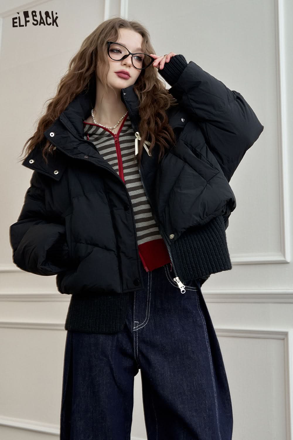 ELFSACK Knit Spliced Hooded Down Jacket Short Puffer Coat for Petite Figures