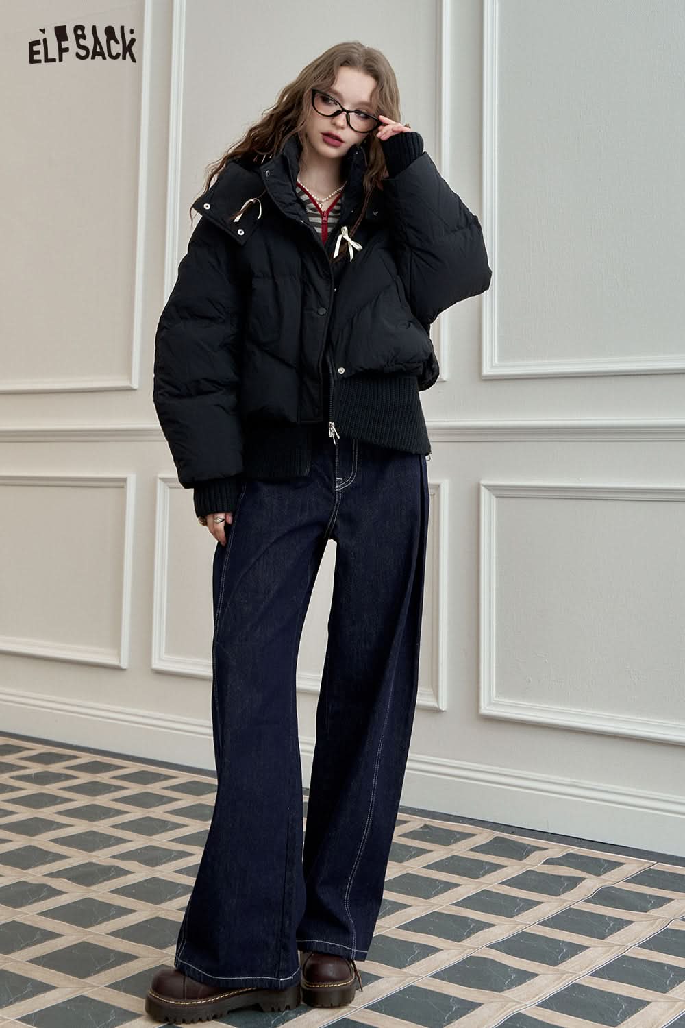 ELFSACK Knit Spliced Hooded Down Jacket Short Puffer Coat for Petite Figures