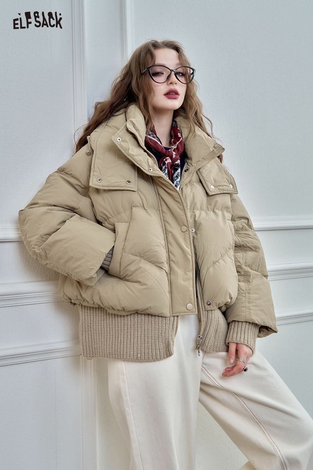 ELFSACK Knit Spliced Hooded Down Jacket Short Puffer Coat for Petite Figures