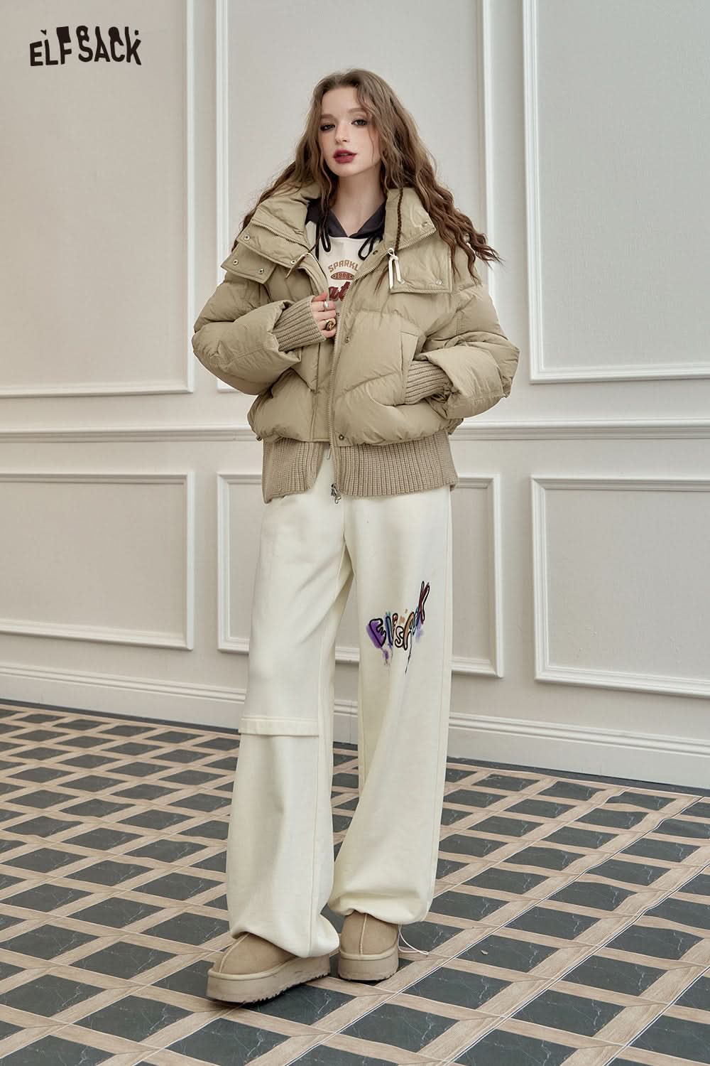 ELFSACK Knit Spliced Hooded Down Jacket Short Puffer Coat for Petite Figures