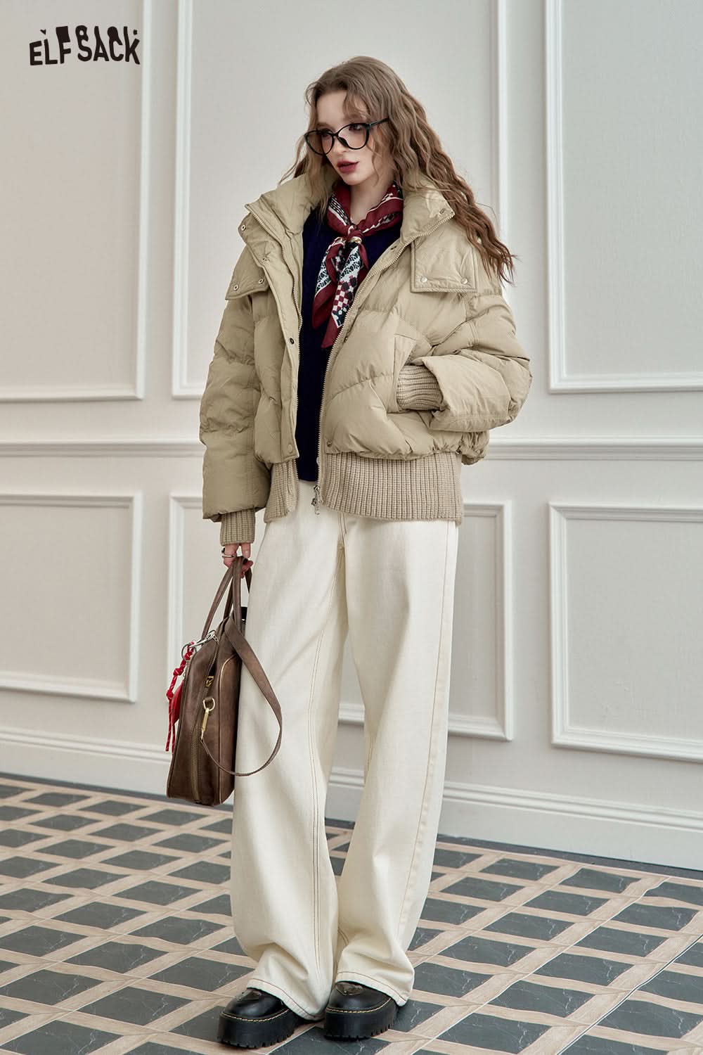 ELFSACK Knit Spliced Hooded Down Jacket Short Puffer Coat for Petite Figures